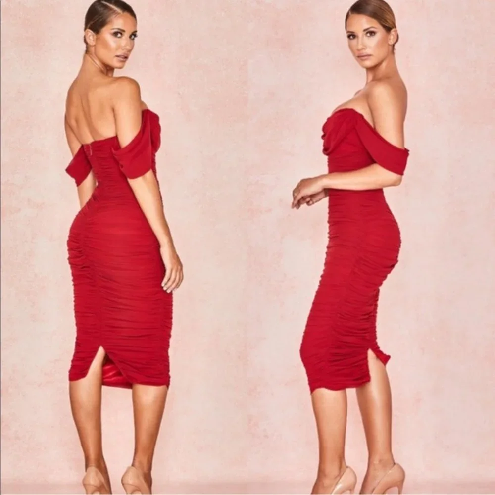 House of CB Carlotta Wine Ruched Draped Chiffon Dress - Picture 5 of 11